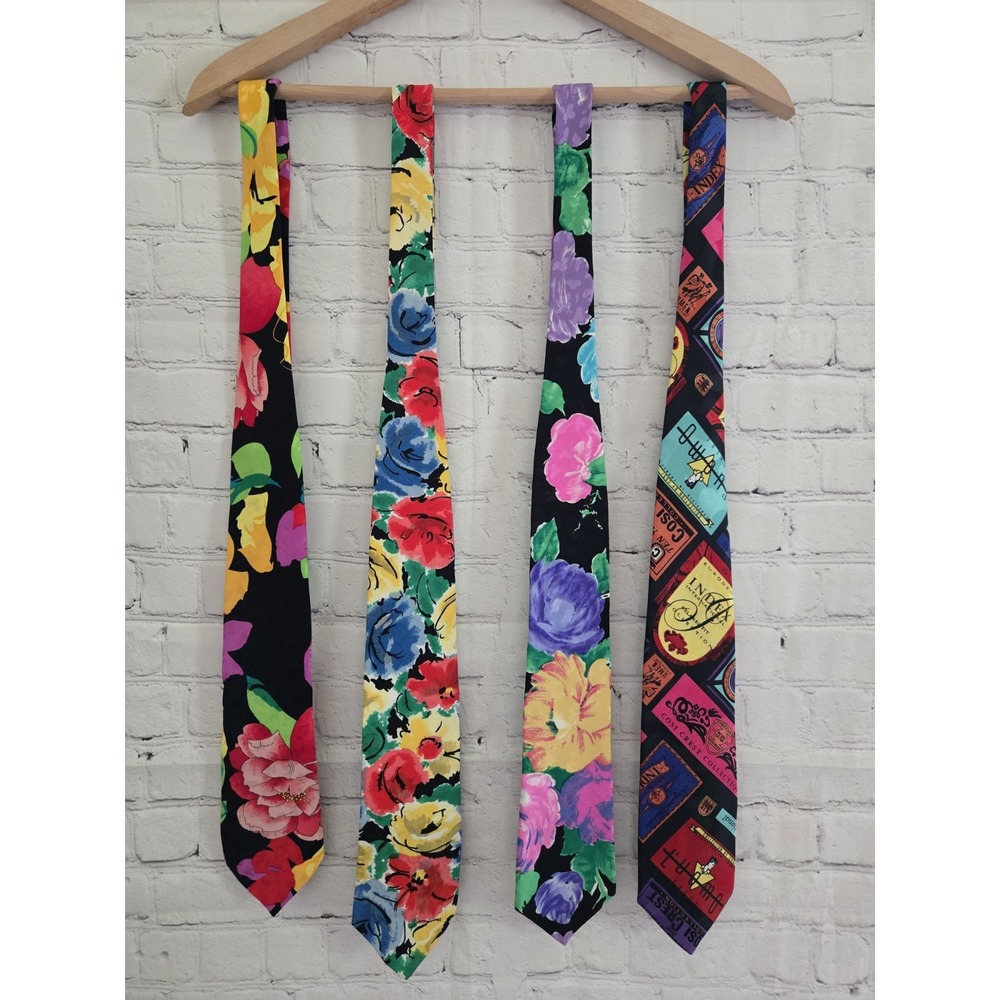 Vtg Silk Ties Funky Watercolor Retro Bold Colored 90s Floral Prints Art Teacher